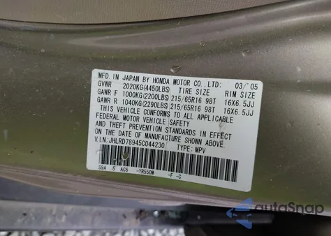 2005 Honda Cr-V Se from USA, damaged, VIN JHLRD78945C044230